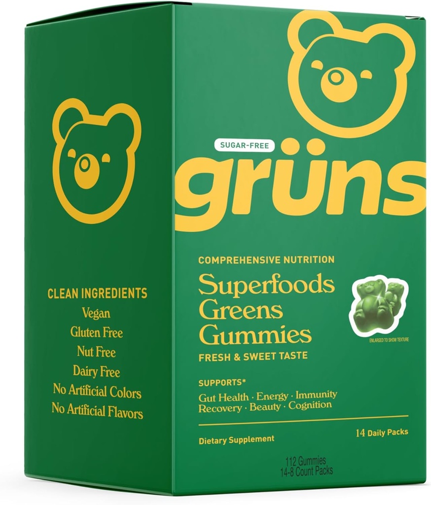 Gruns Sugar Free Super Greens Gummy Bears - Organic Spirulina a Chlorella, Prebiotiká pre trávne zdravie, 20+ Vitamíny a minerály, Adaptogény - 14 vreciek - 112 Gummies