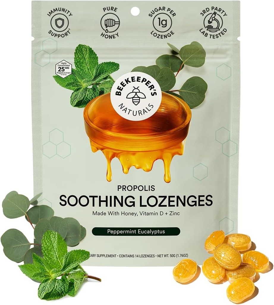Včelárske prírodné upokojujúce mäty Eucalyptus Kašeľ kvapky, Imunitná podpora s vitamínom D, Zinok a Propolis, chladenie a hrdlo upokojujúce Lozenges, 14 Ct