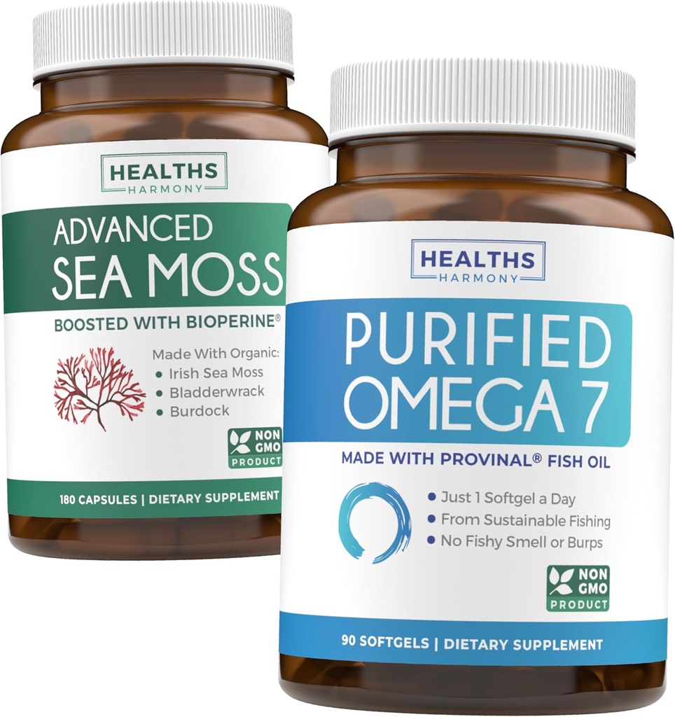 Irish Sea Moss & Omega 7 (3-Month Supply) Sea Omega Combo Bundle - Organic Irish Sea Moss - Raw Vegan Supplement (180 Caps) & Omega 7 Softgels - Provinal Sustainable Peruian Anchovian Fish Oil -90 Caps