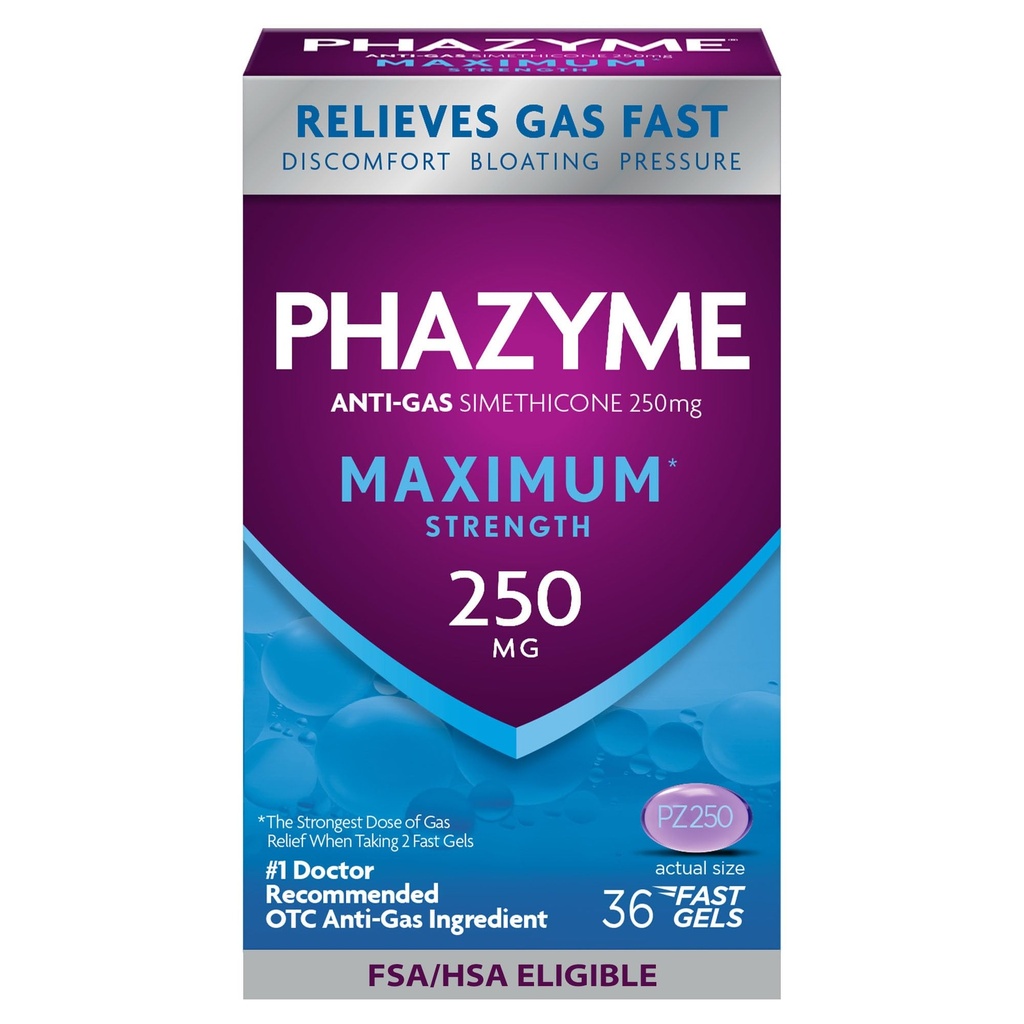 Phazyme Maximum * Sila Anti-Gas 250 mg Simeticone Gas Relief pre dospelých, Rýchle gély Rýchle odparovanie, Tlak & nepohodlie, 36 Počet