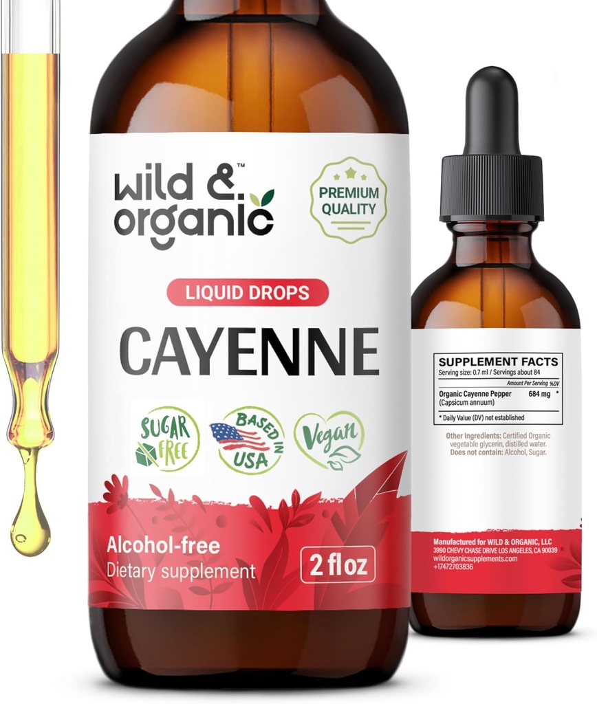 Wild & Organic Cayenne Pepper Tinture - Kapsaicín Doplnky pre podporu trávenia - Cayenne Pepper Extract Tekutina - Vegan, Bez alkoholu kvapky - 2 fl oz