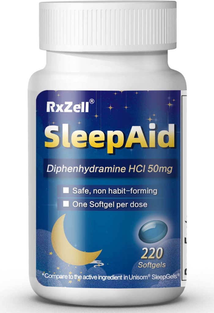 Pomocný spánok, difenhydramín 50 mg, Softgely ľahko prehltnúť, podporuje hlbší nepokojný spánok, Non Habit-Forming (220 grófov)