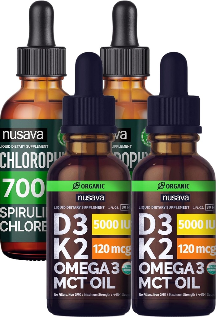 NUSAVA Neochutené D3 K2 kvapky a chlorofylové kvapalné kvapky Bundle - Silné kvapalné vitamíny pre srdce, kĺb, energia, a imunitná podpora - non-GMO, bez lepidla, 2pk Každý