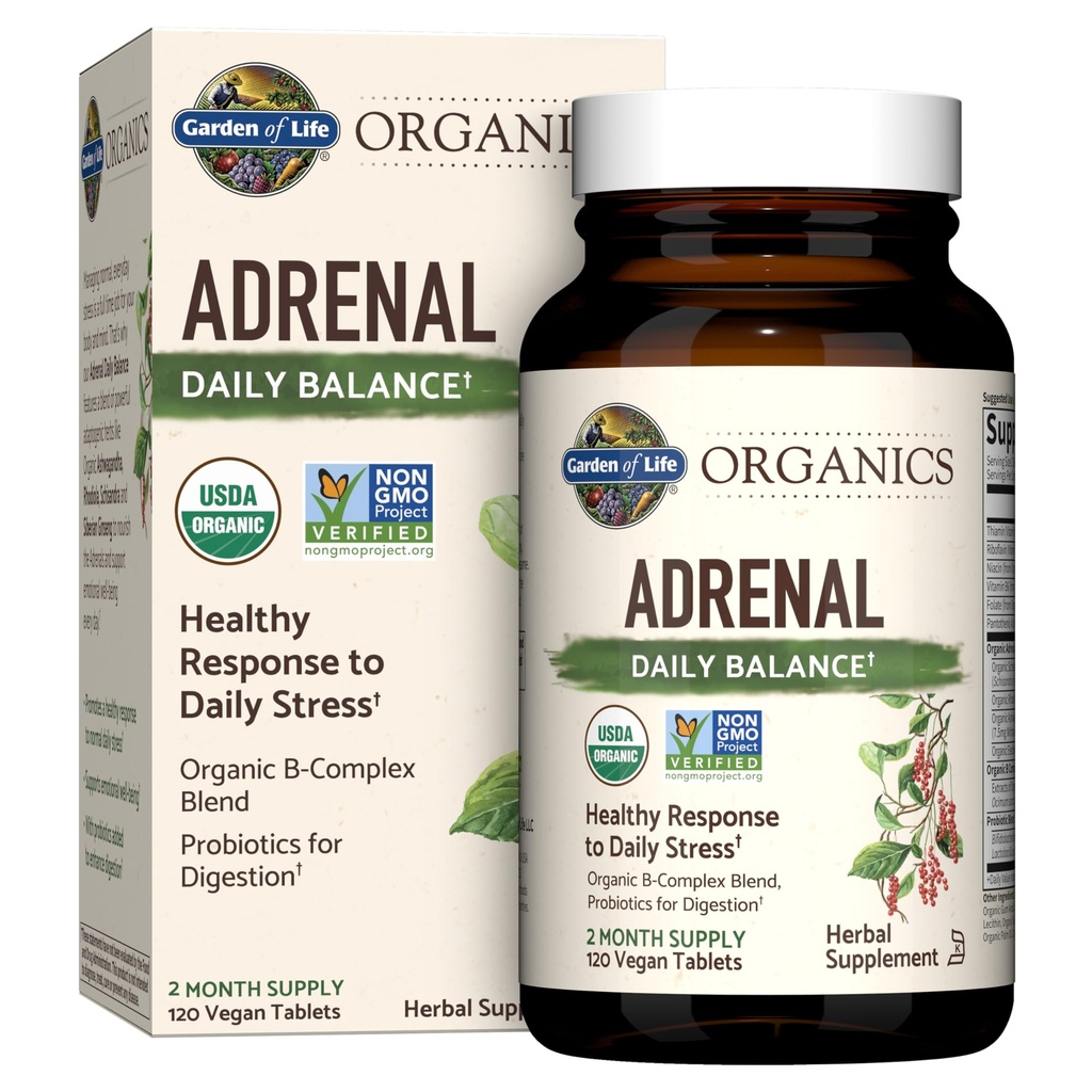 Garden of Life Organics Adrenal Daily Balance, Adaptogenic Herbs Ashwagandha, Holy Basil, B Complex & Probiotiká, Organic Non-GMO, Vegan, Gluten Free Supplement, Two Month Supply, 120 tabliet