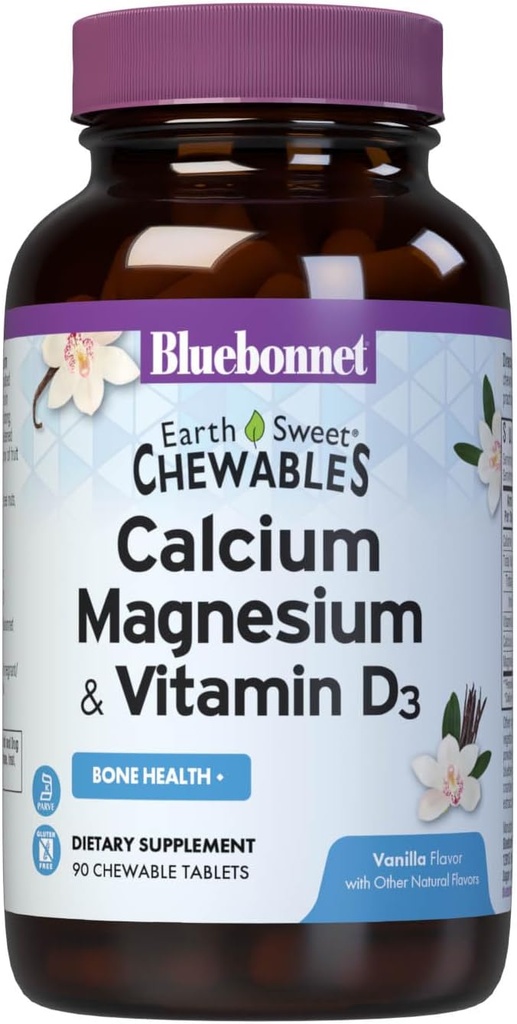 Bluebonnet Nutrition Calcium Magnézium Plus Vitamín D3 Earthsweet, Bone Health & Muscle Relaxation, Soy-free, Gluten-free, Kosher Certified, Dairy-free, 90 Vanilla Ochutené žuvacie tablety