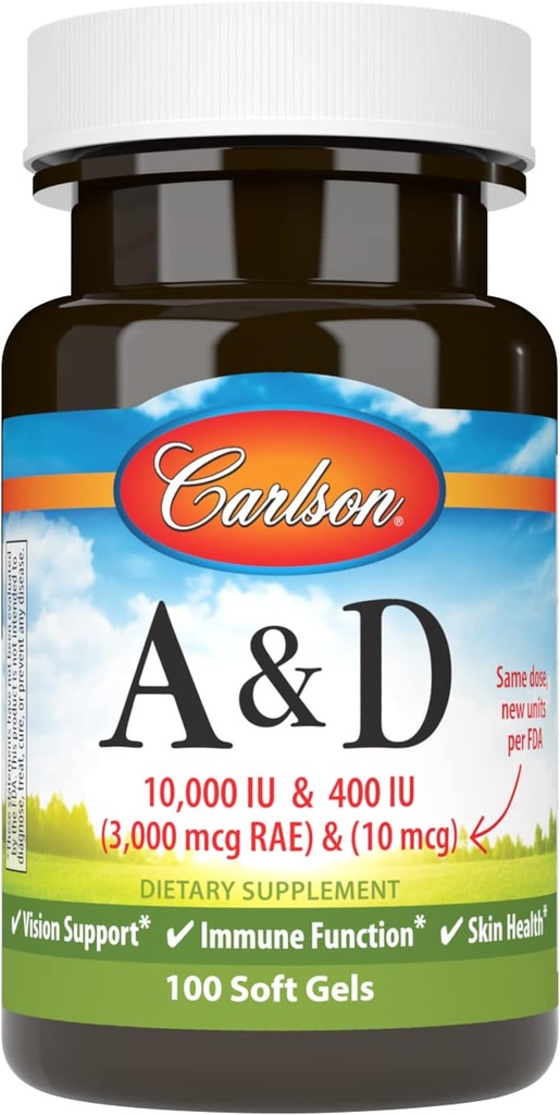 Carlson - A & D, 10000 IU (3000 μg RAE) Vitamín A, 400 IU (10 μg) Vitamín D3, podpora zraku, zdravie pokožky, 100 mäkkých gélov