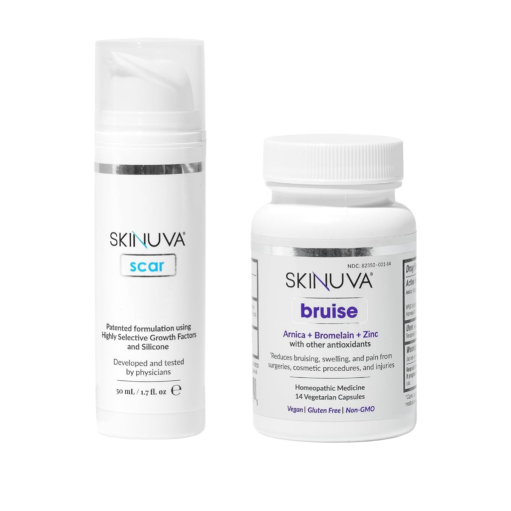 Skinuva® Jazva (1,7 oz) & Bruise (14 kapsúl) - Advanced Silikónový krém Formulovaný s rastovými faktormi & Homeopatické Bruise Remedy Formulované s Arnica, Hypromelain & Zinok