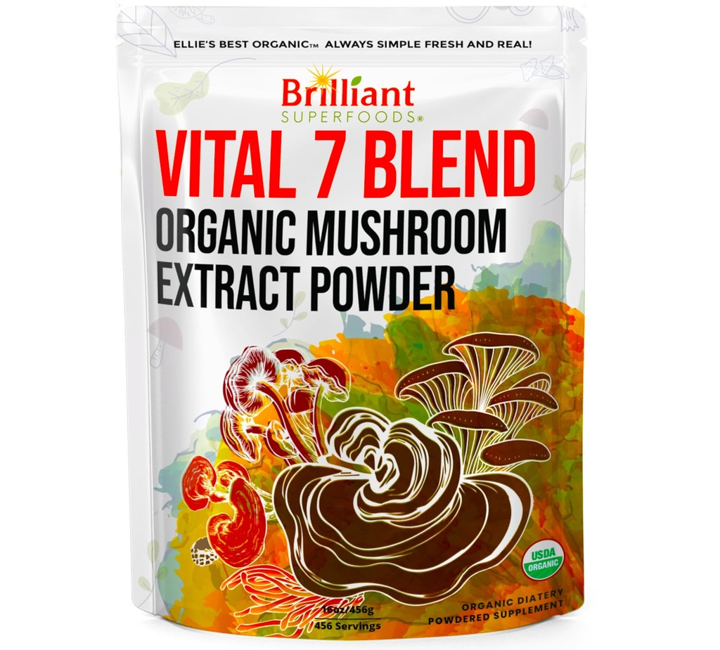 Ellie's Best 7 Mushrom Powder Extract Blend Supplement - Organic Reishi, Lion's Mane, Chaga, Turkey Tail, Cordyceps, Maitake & Shiitake - Double Extracted - 16oz / 456 Servings...