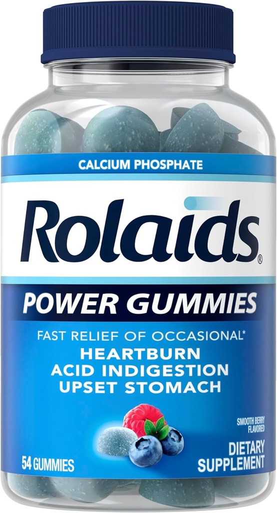 Rolaids Power Gummies, Rýchla úľava príležitostného pálenia záhy a kyslej požitie, Dietary Supplement, Smooth Berry, 54 Gummies