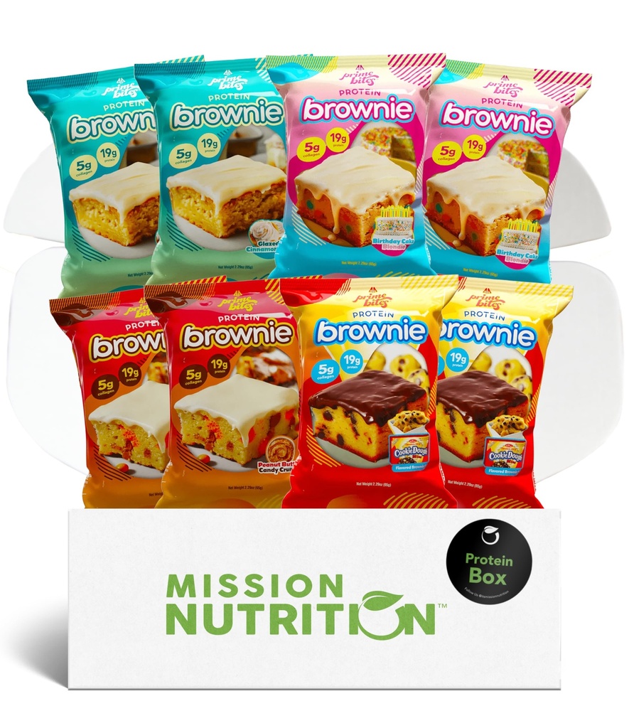 Prime Bites Protein Brownies Variety Pack Blondies - High Protein (19g), Collagen & Whey Protein, Nízky cukor - 8 Počet Snack & Darček box