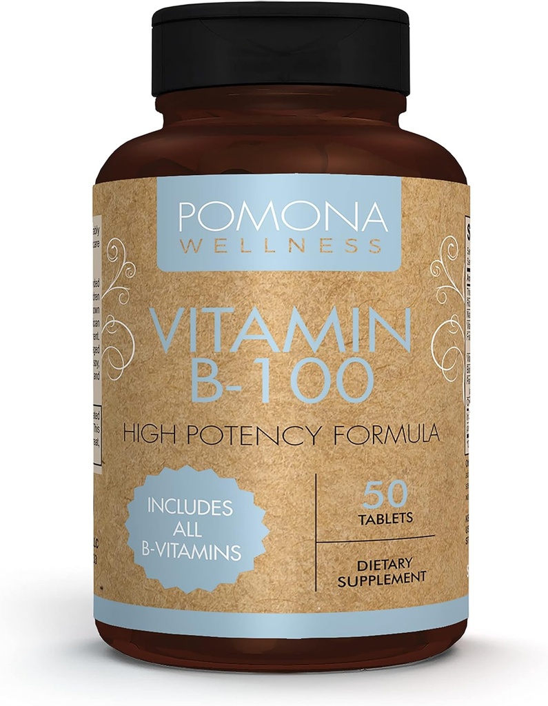 Pomona Wellness vitamín B komplex doplnok s kyselinou listovou, vysoká potencia multivitamín, všetky 10 B vitamíny vrátane B12, podporuje energetické hladiny, zdravie srdca, non-GMO, 50 tabliet
