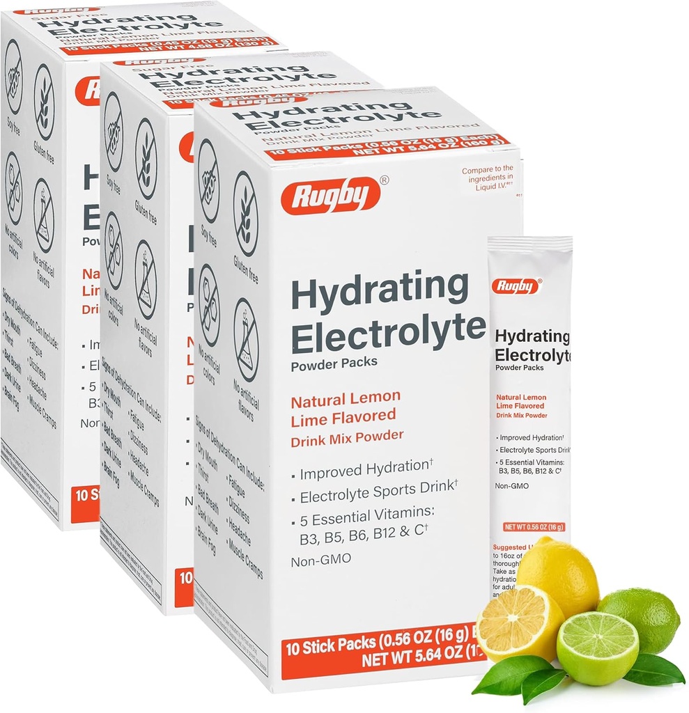 Rugby Hydratačné Powder Balíčky Electrolytu - Nápojové Mix Púdrové Balíčky s 5 Vitamínmi - Zlepšenie Hydratácia - Prírodná citrónová lime chuť - 10 Stick Balíčky - 0,56 Oz Každý (3 balenia)