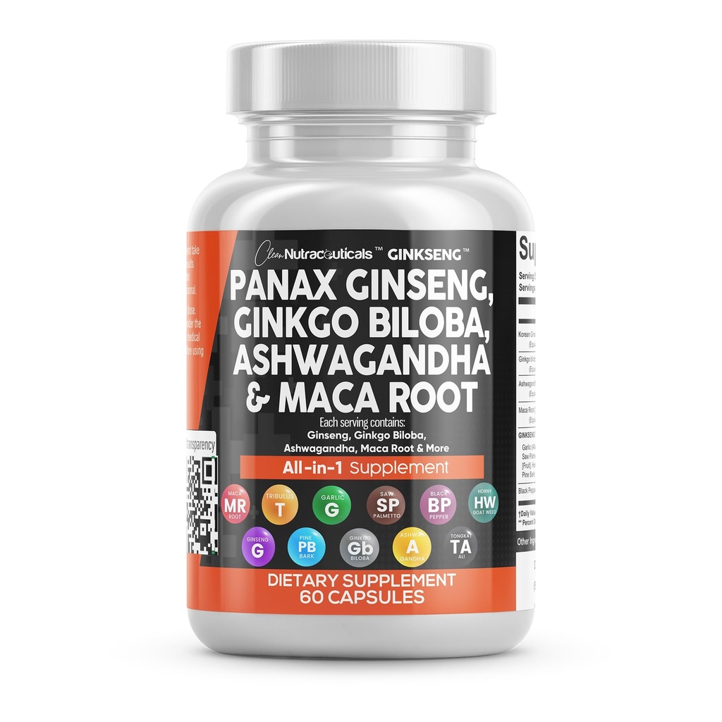 Clean Nutraceuticals Panax Ginseng Ginkgo Biloba Ashwagandha Maca Root - Focus Supplement Pills for Women and Men with Pine Bark Extract, Cesnak, and Saw Palmetto - 60 Caps
