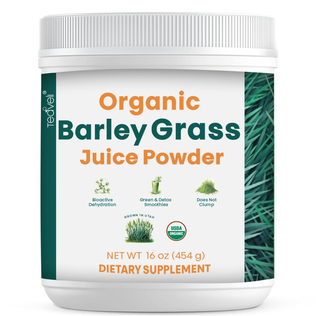 Teaveli Organic Barley Grass Juice Powder- Pestované a zozbierané v Fertile Utah Soil - 16 Ounces (454 Grams)