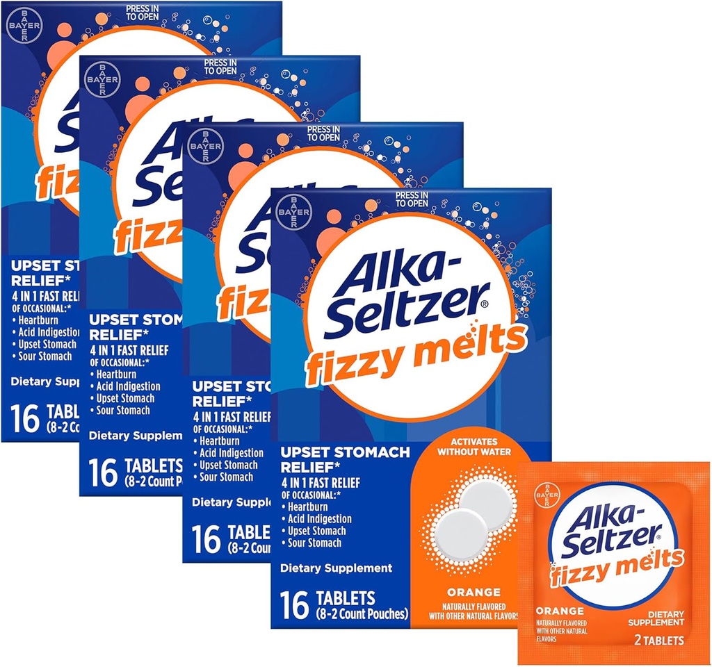 Alka-Seltzer Fizzy Melty, Rozpustite v jazyku, Nie je potrebná voda, On-The-Go diétne doplnkové antacidové tablety, na zmiernenie príležitostného pálenia záhy a kyseliny tráviace ťažkosti*, Orange Flavor, 64 Počet