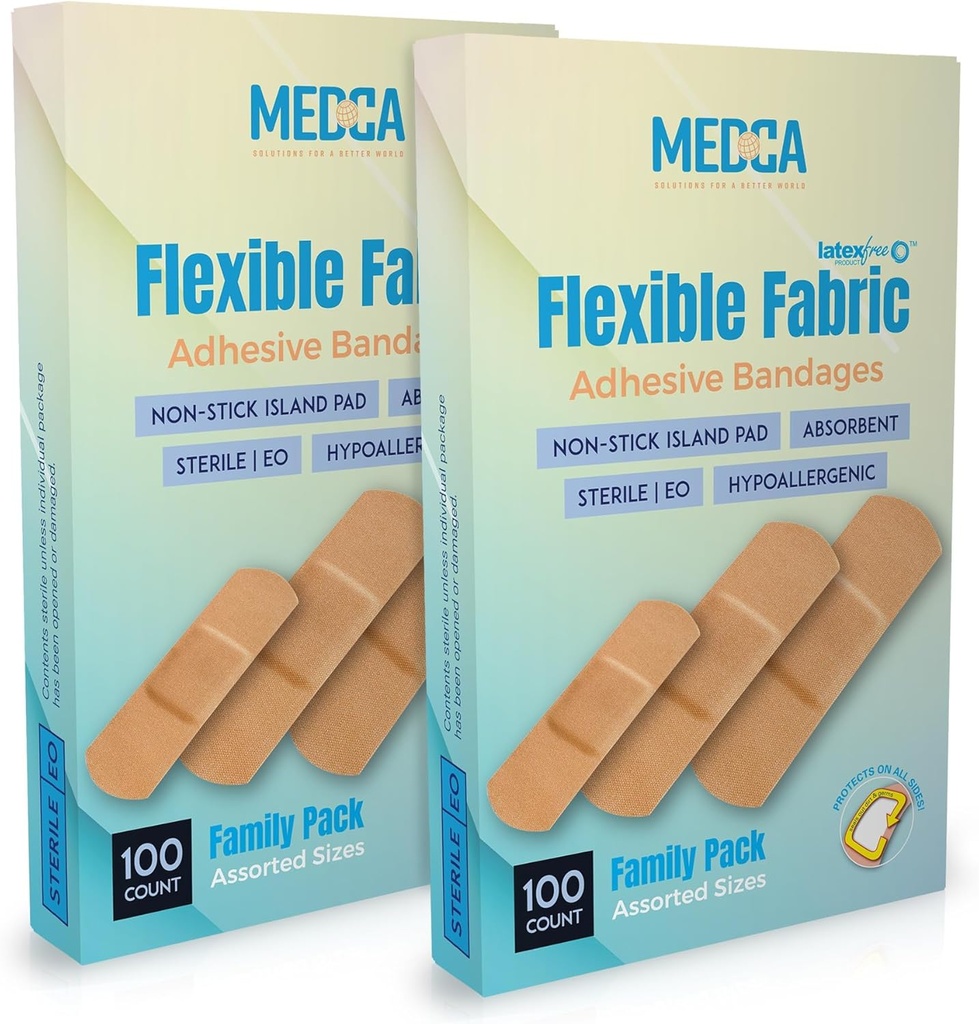 Flexibilné tkaniny Lepiace pásy pre pohodlnú flexibilnú veľkú ochranu a starostlivosť o ranu malých rezov, škrabiek, a rany, rozmanité veľkosti (2-1/4"x5/8," 3" x3/4," 3"x1") - Twin Pack 100 CT Box