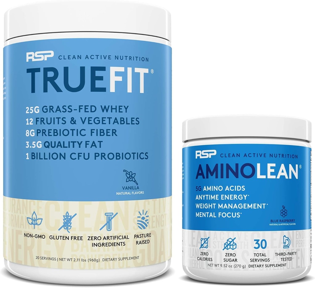 AminoLean Pre Cvičenie energie (Modrá malina 30 Slúži) s TrueFit Protein prášok (Vanilla 2 LB)