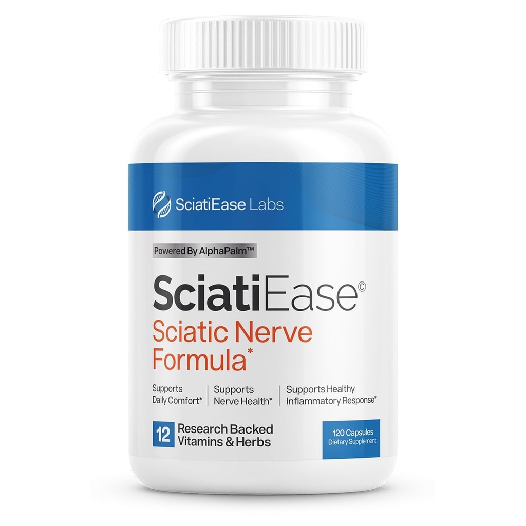 SciatiEase ischias Nerve Zdravotná podpora doplnok - Nerve Podpora Formula s AlphaPalm, Pea, Vitamín B komplex, Alpha Kyselina lipová 300 mg - 120 Kapsule
