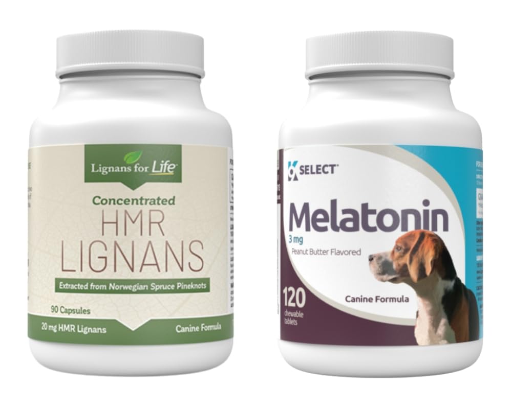 Lignans for Life & K9 Select Pet Care Bundle - HMR Lignans 20mg, 90 Kapsule - Melatonín & 3mg, 120 Arašidové maslo Ochutené tablety - Multivitamínový pes Wellness Supplement Treats - Medium Size Plemeno