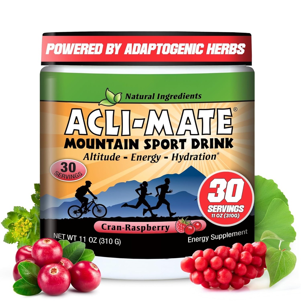 Acli-Mate Mountain Sport Drink Mix - Vysoká nadmorská výška Aklimatizácia Elektrolyty Powder - Energy Powder Mix - Recovery Hydratácia Drink na beh, turistika, cyklistika, cestovanie a ďalšie (1 Tub, CranRaspberry)