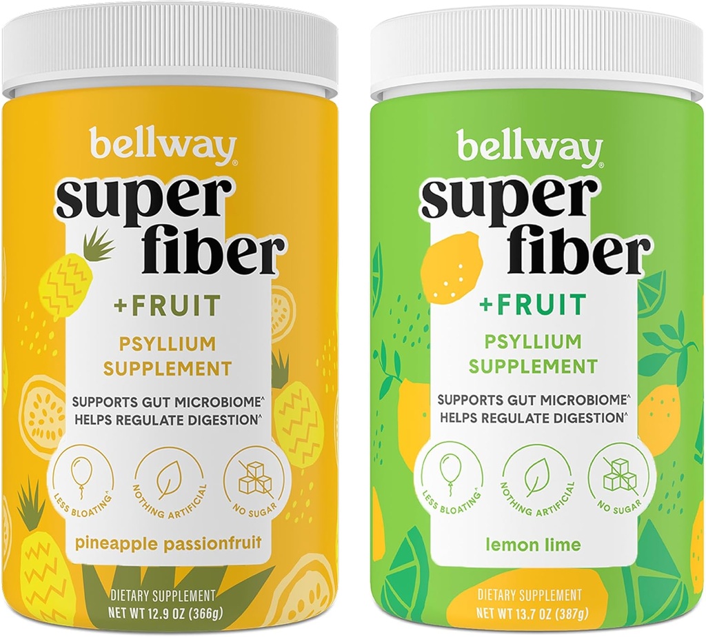 Bellway Super Fiber Powder + ovocie, bez cukru Organic Psyllium Husk prášok Fiber Supplement for Regularity, Bloating Relief & Gut Health, non-GMO, Ananás Passion Fruit & Lemon Lime