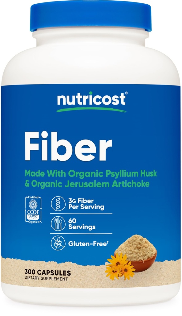 Nutricost Fiber Capsules with Prebiotic Fiber Supplement 300 Capsules - Made with Organic Psyllium Husk & Organic Jerusalem Artičoke, 60 Servírovanie, Gluten Free, 3 G Per Serving