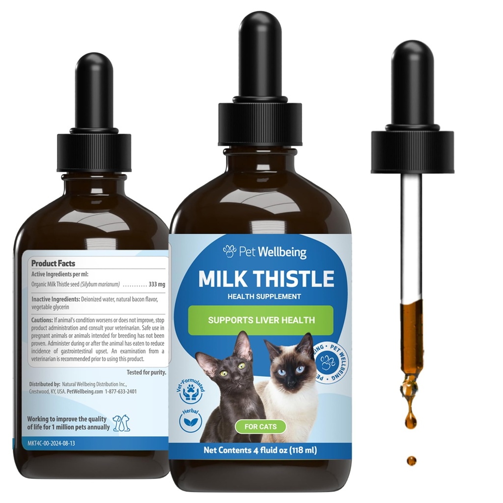 Pet Wellbeing Milk Thitle for Mačky - Organic Milk Thitle, podporuje zdravú funkciu pečene a detoxikáciu - Vet-formulované bylinné doplnok - 4 oz (118 ml)