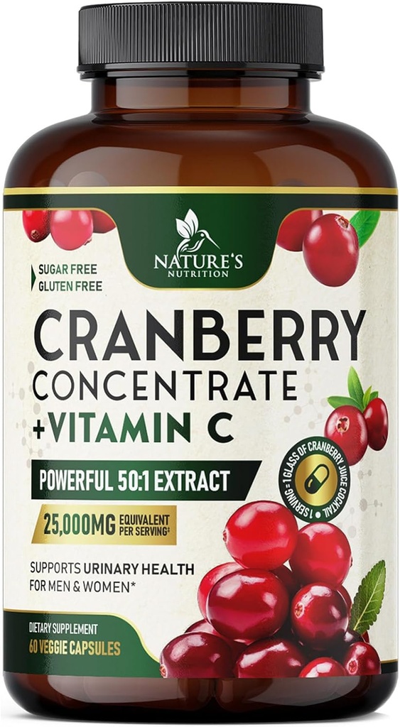Cranberry Supplement pilulky 25,000mg - Vysoká potencie vitamín C Cranberry pre ženy a mužov, močové Tract Health Support, bez cukru, bez lepku, non-GMO, Cranberry koncentrát extrakt - 60 Kapsule