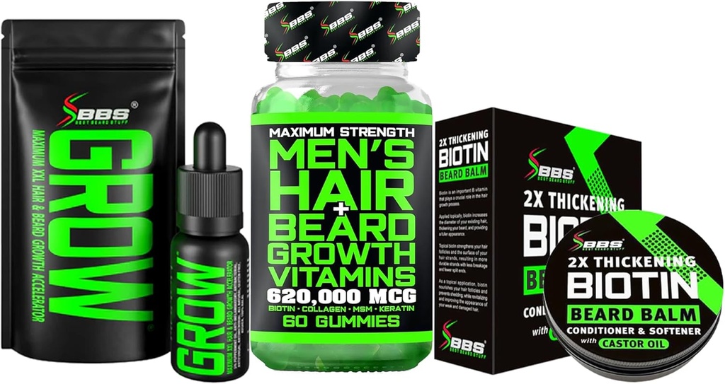 Brada rast Kit w/ 2X Hrúbka Biotín Brada Balm pre mužov & fúzy Wax + Rast fúzy sérum & tvárový vlasový olej + 14- v-1 Biotín Gummy a rast vlasov Vitamíny pre mužov - Formulované v Amerike