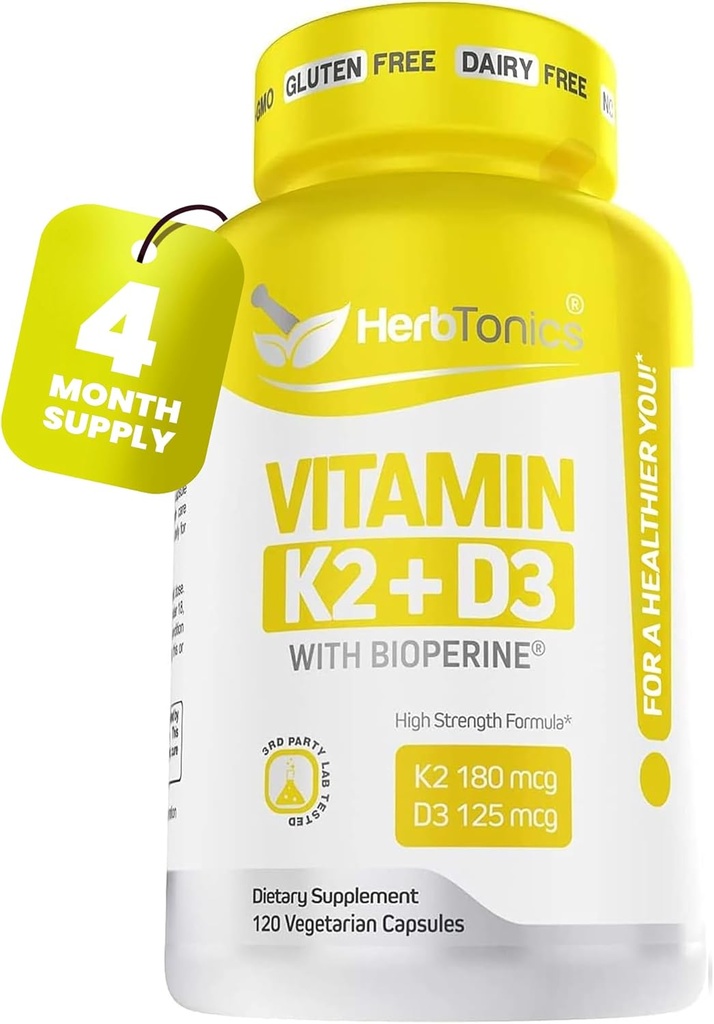 Podpora imunitného systému Vitamín K2 (MK7) s D3 5000 Iu doplnok + Bioperín (čierna paprika) 