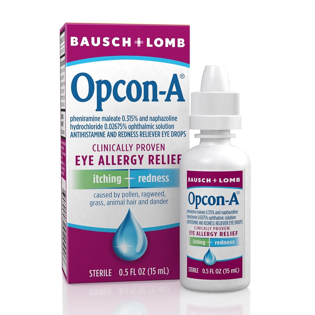 Opcon-A Alergie očné kvapky Bausch + Lomb, pre Itch a Redness Relief, červené a svrbenie oči Antihistaminika Očná kvapka, klinicky dokázaná liečba, 0,5 Fl Oz