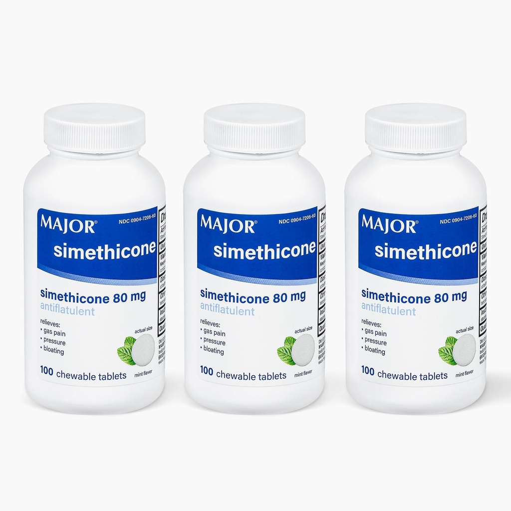 MAJOR Simeticone Gas Relief 80 mg - Antiflatulencia, Blating and Gas Pressure Aid - 100 Žuvateľných tabliet (3 balenia)