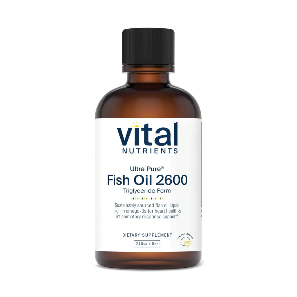 Vitálne živiny - Ultra čistý rybí olej 2600 (Pharmaceutical Grade) - Hi-Potencie hlbokomorské tekuté rybie oleje, Kardiovaskulárna podpora, Prírodná citrónová príchuť - 8 Fl Oz na fľašu