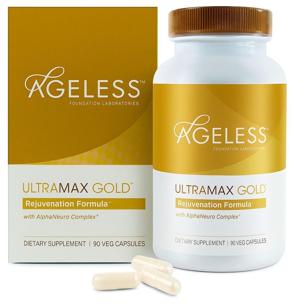 AGELESSTM: UltraMAX GoldTM Kapsule, HGH Anti-Aging Supplement for Women, Slows Cellular Aging, Supports Immune Health, Smooter Skin Tone and Restorian Sleep, Weight Management, 90 Kapsule