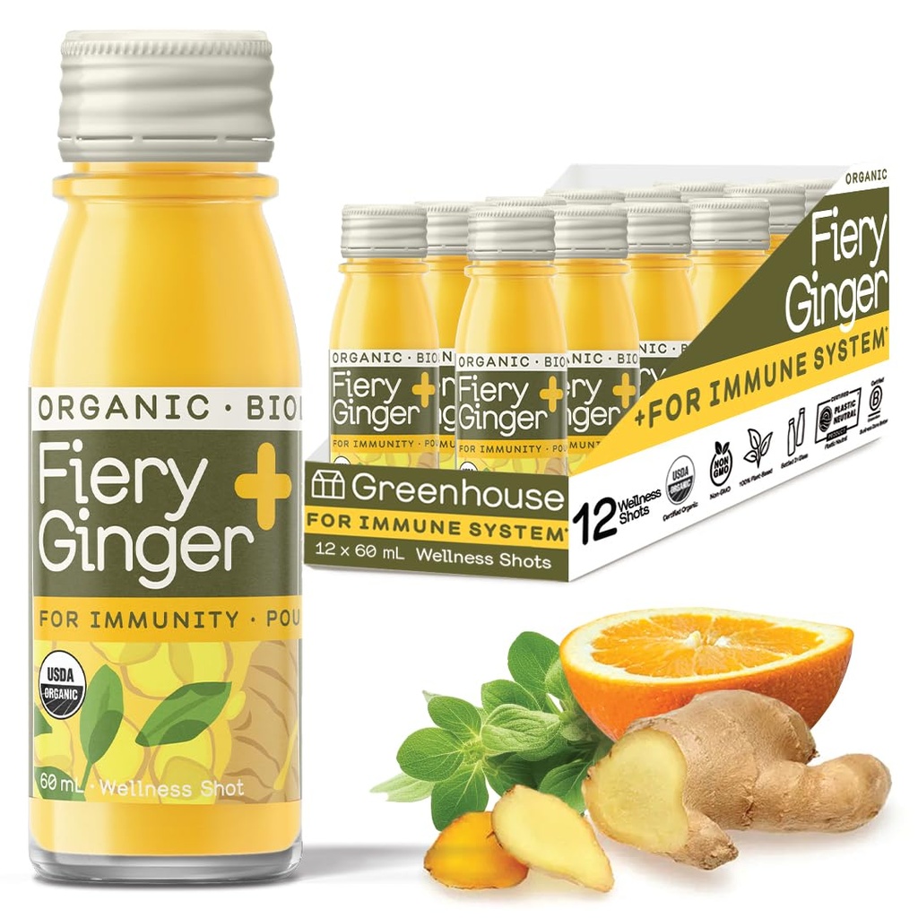 Zeleninová šťava Organická ohnivá zázvor Wellness Shots 12-Count 60ml sklenené fľaše, Vegan & Gluten-free