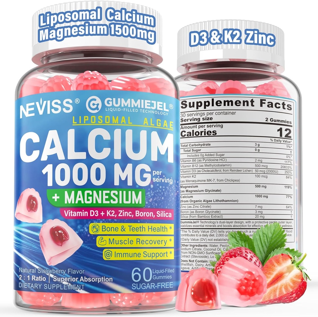 Vápnik doplnky pre ženy, muži - Lipozomálne vápnik 1000 mg s vitamínom D3 K2, Magnéziumglycinát, zinok, bór, kremík pre zdravie kostí - cukor bez vápnika Magnézium Zinok Gumies, Vegan, 60 Počet