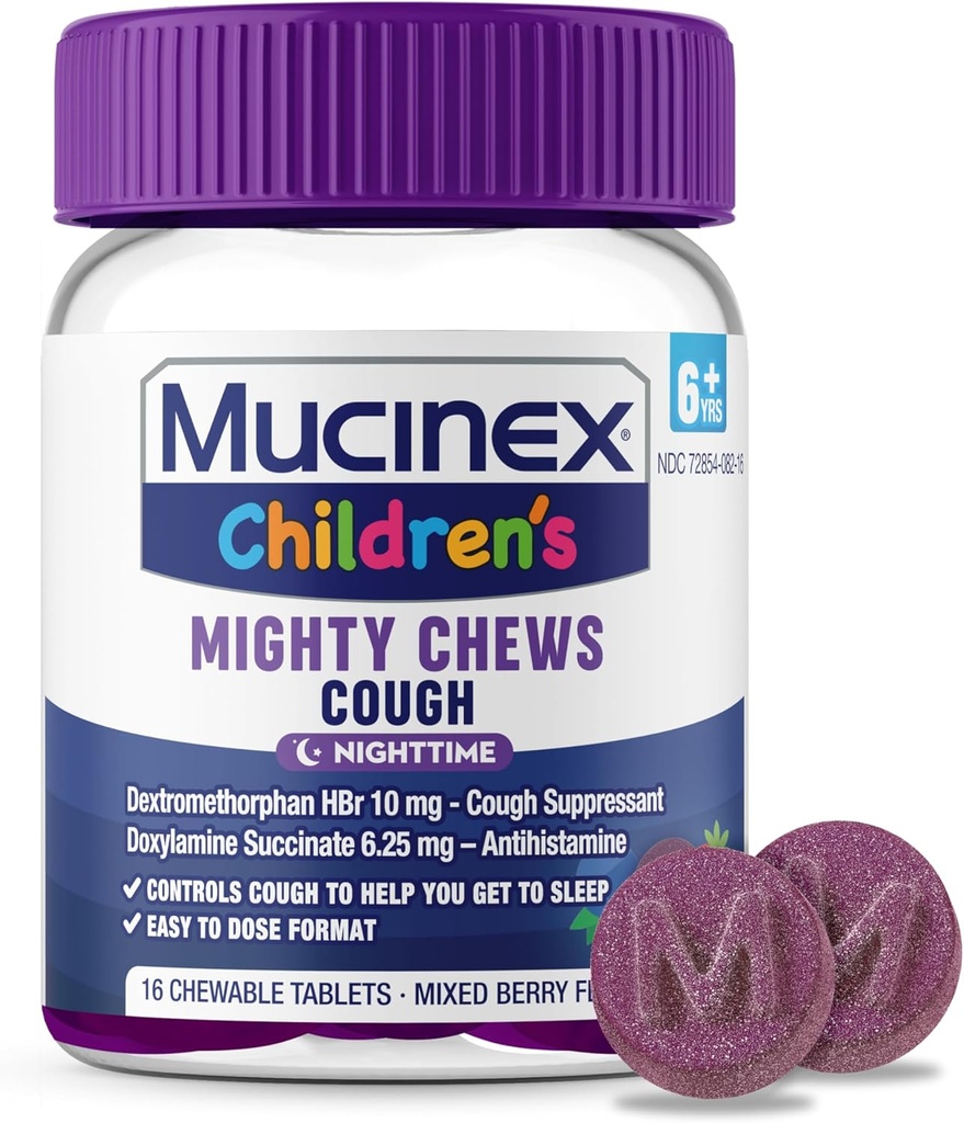 Mucinex Detské Mighty Chews Nighttime Kids Cough Medicine, Easy to Dose Cough Supressant with Dextrometorfan, Kids Travel Medicine for Cough, Mixed Berry Flavor, 16 Medied Chewable Tablets