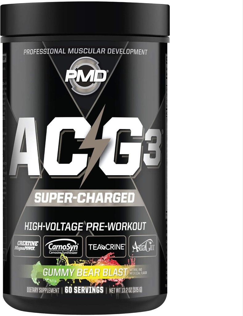 PMD Sports ACG3 preplňovaný - Pred tréningom - Výkonná sila, vysoká energia, maximalizovať duševné zameranie, vytrvalosť a optimálne cvičenie výkon pre mužov a ženy - Gumový medvedík Blast (60 Servings)