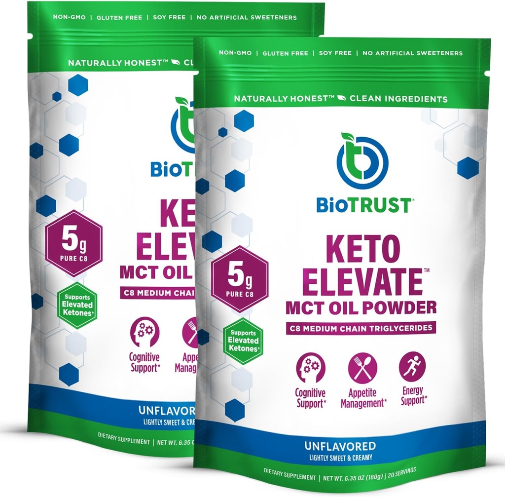 BioTrust Keto Elevate – C8 MCT Oil Powder – Ketogenic MCT Coffee Creamer, Keto Coffee Creamer – Clean Energy, Mental Focus & Clarity – 100% Caprylic Acid MCT Powder, Non-GMO (Unflavored, 40 Servings)