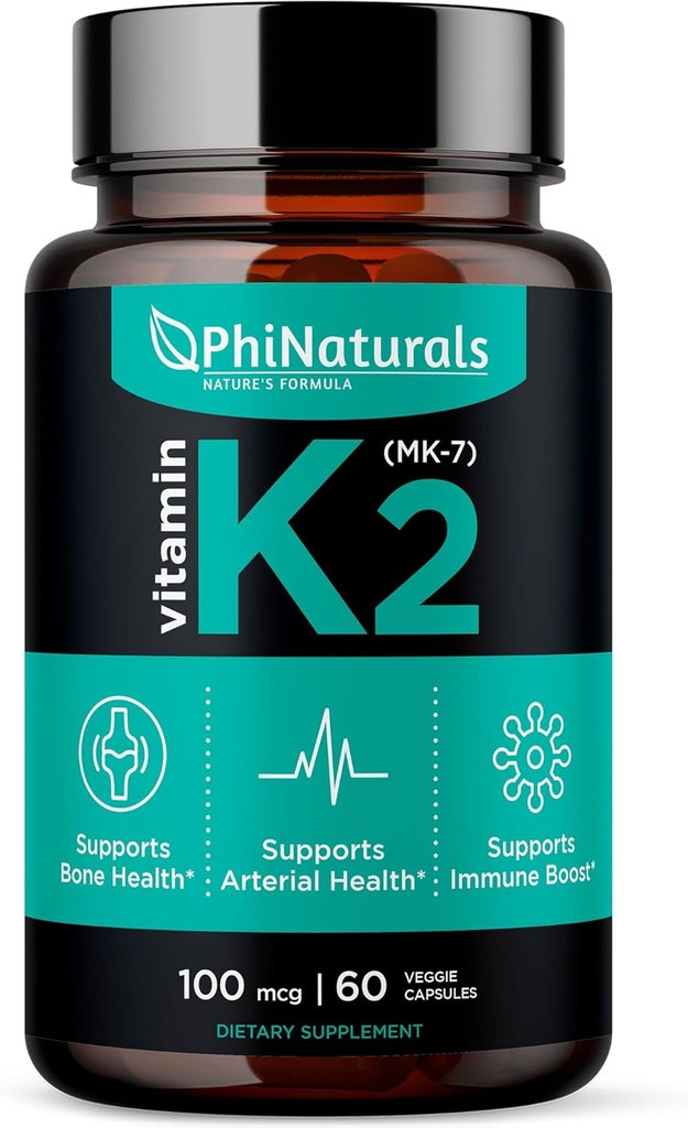 PhiNaturals Vitamín K2 Mk7 100 mcg Vegan 60 Kapsule Kosť Zdravie Kardiovaskulárne artérie - VIT k-2 MK-7 100mcg Supplement from Natto