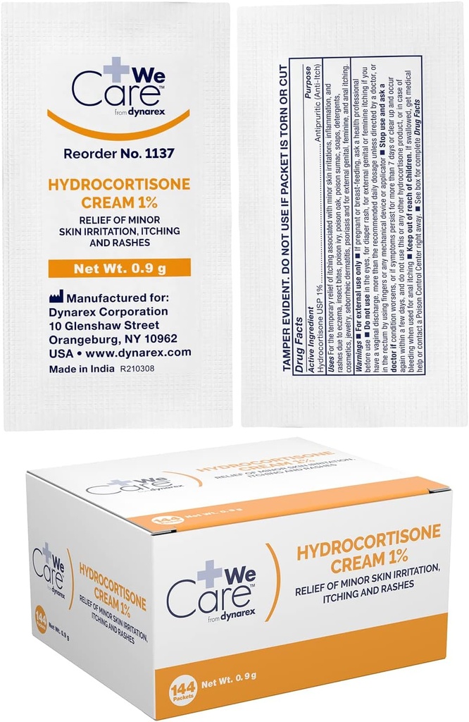 Dynarex Hydrokortizón Cream - Topický anti-Itch hydrokortizón Masť pre dočasnú úľavu od malého svrbenia kože, vyrážka, podráždenie - .9g Packet, 1 škatuľka zo 144