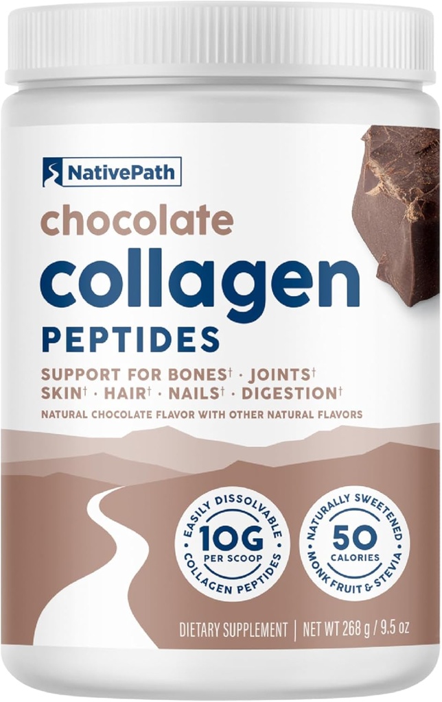 NativePath Collagen Peptidy - Hydrolyzovaný typ 1 a 3. Keto & Paleo Grass-Fed Protein Powder for Hair, Skin, Nails, Kosti, kĺby, Trvanlivosť a viac - bez glutenu alebo Dairy (Čokolát, 268g)