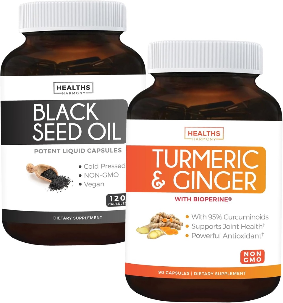 Bundle of Turmeric & Ginger & Black Seed Oil - Golden Harmony Blend - Turmeric & Ginger s 95% Curcuminoids & Bioperine (90 Kapsule) & Black Seed Oil (Non-GMO) 100% Cumínový olej so studenou šupkou