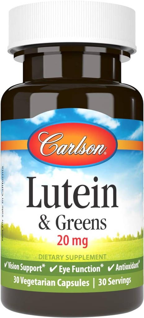 Carlson - lutein & Greens, 20 mg, Vision Support & Eye Function, Antioxidant, 30 Vegetariánske kapsuly