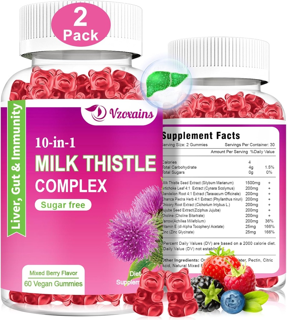 Milk Thitle Gummies, 10 in 1 Bylinné Formula pre čistenie pečene Detox Oprava s púpavkovým koreňom, kurkuma, Artičok Optimálna funkcia pečene a tráviace zdravie zmiešané Berry chuť