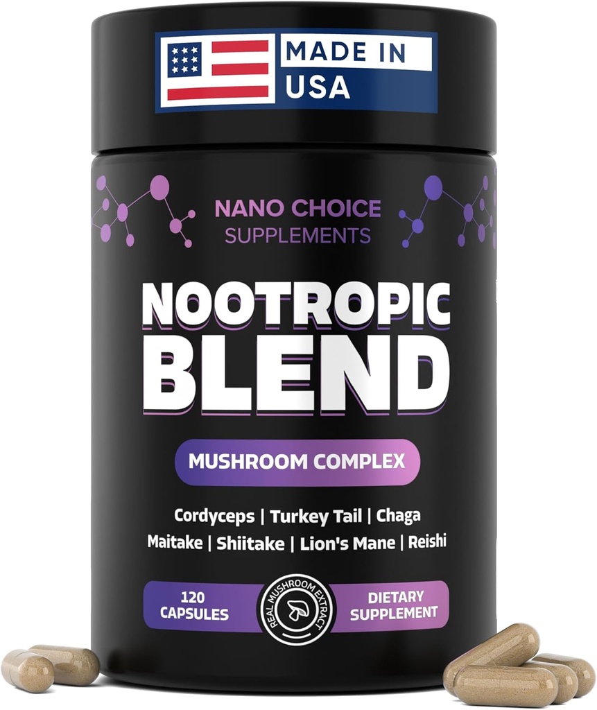 Nano Choice Nootropic Blend - Mušroom Complex Supplement for Brain, Focus, Production & Immune Support 