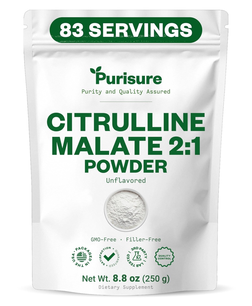 Purisure L-Citrulline Powder 250g, Premium Citrulline 2:1 Malate Supplement for Strength Performance and Energy, Pre-Workout Citruline Malate Powder - Zvýšiť svalové čerpadlá a zotavenie - 83 Servisov