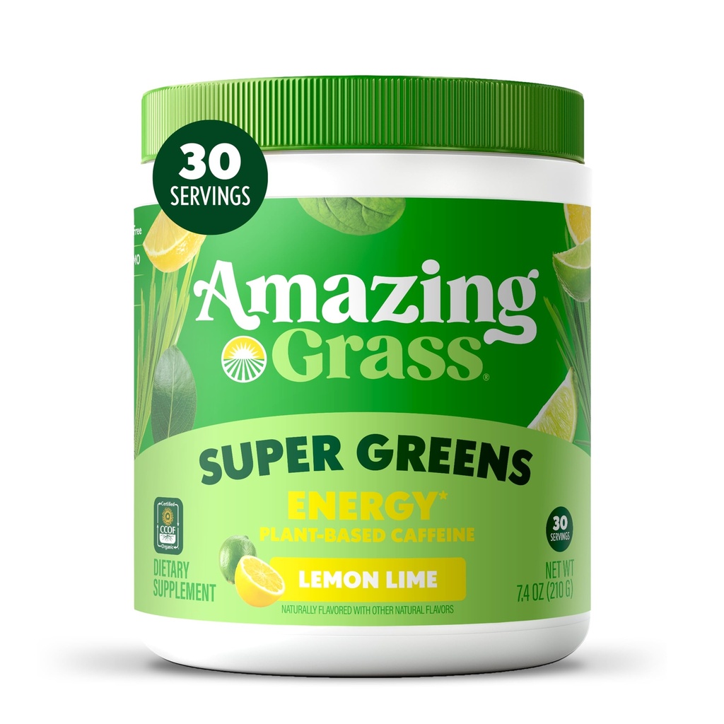 Amazing Grass Greens Blend Energy: Smoothie Mix, Super Greens Powder & Plant Based Caffeine with Matcha Green Tea & Repee Root Powder, Lemon Lime, 30 Servings (Packaging May Vary)