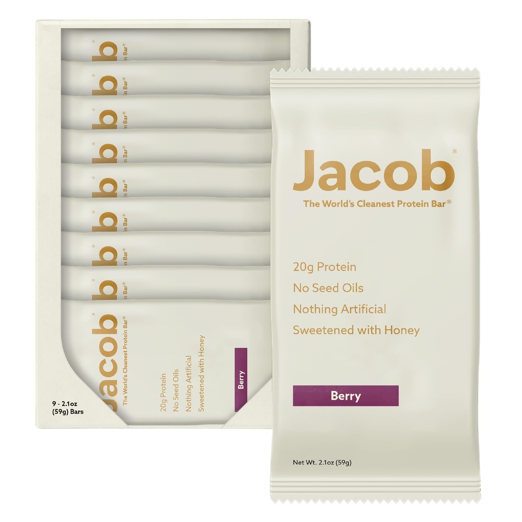 Jacob Bar, Proteínové tyčinky, Mixed Berry (9 Bars Total) - 20g Grass-Fed Protein, No Seed Oils, Nič umelé
