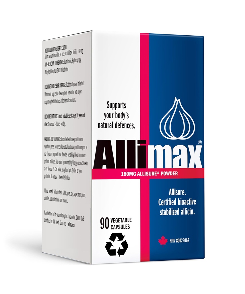 ALLIMAX 180 mg 90 Kapsule. Allicin Cesnak doplnok na podporu vášho tela a imunitné funkcie. Obsahuje stabilizovaný a silný bioaktívny Allicin, extrahovaný z čistého a udržateľného španielskeho rastúceho cesnaku.